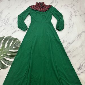 Lanz Womens Vintage 80s High Neck Maxi Dress Size S Green Red Plaid Christmas
